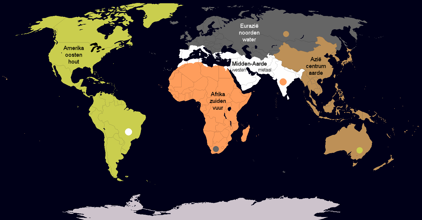 Kaart indeling beschavingen met de vijf Oosterse elementen