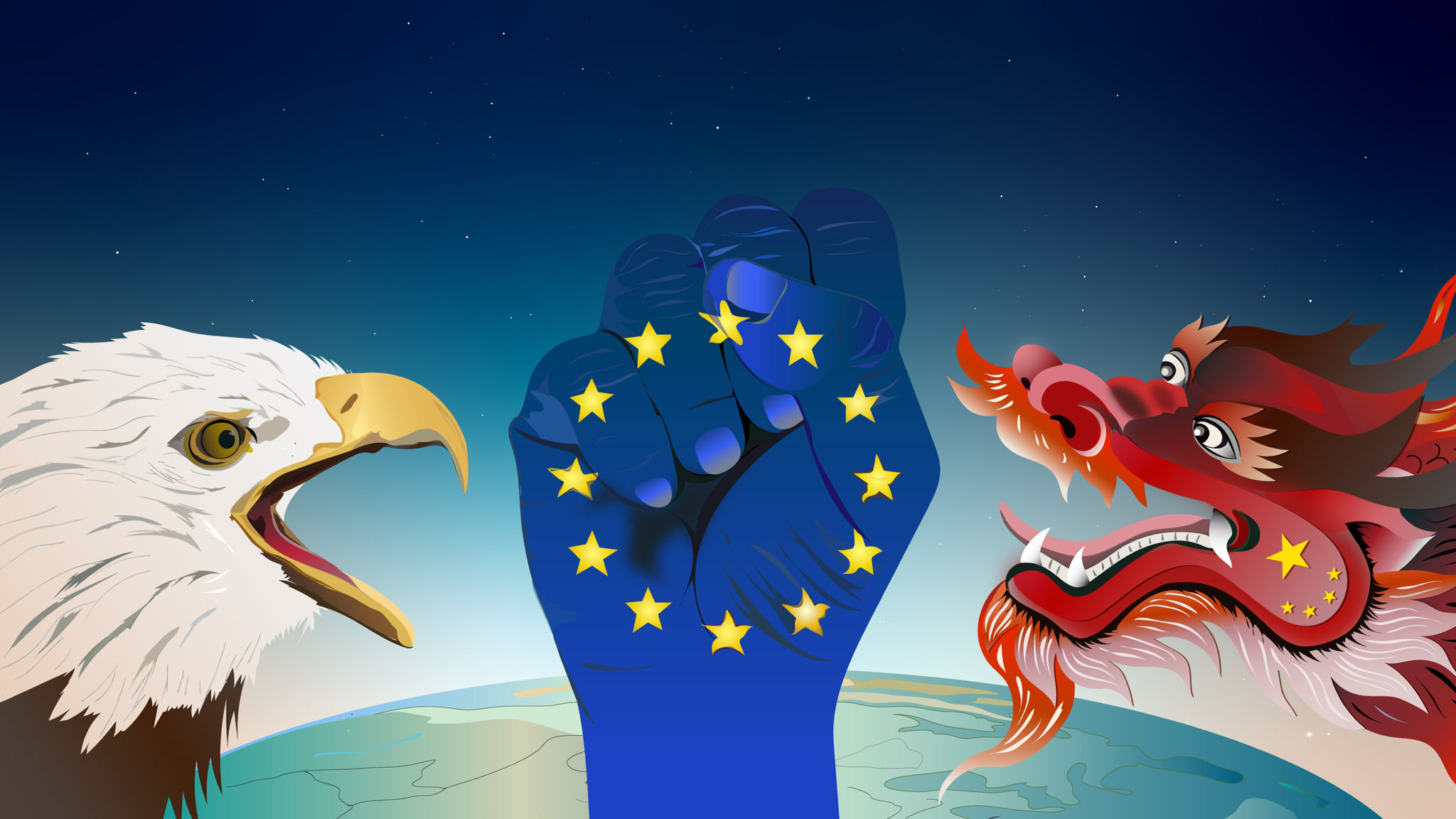 Illustratie EU maakt een vuist tegen Amerika en China